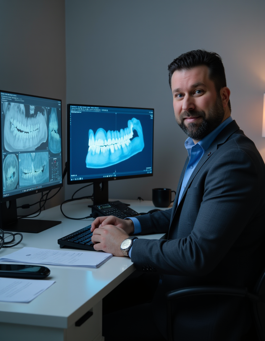 Luis Fernando analisando imagens digitais em consult&oacute;rio