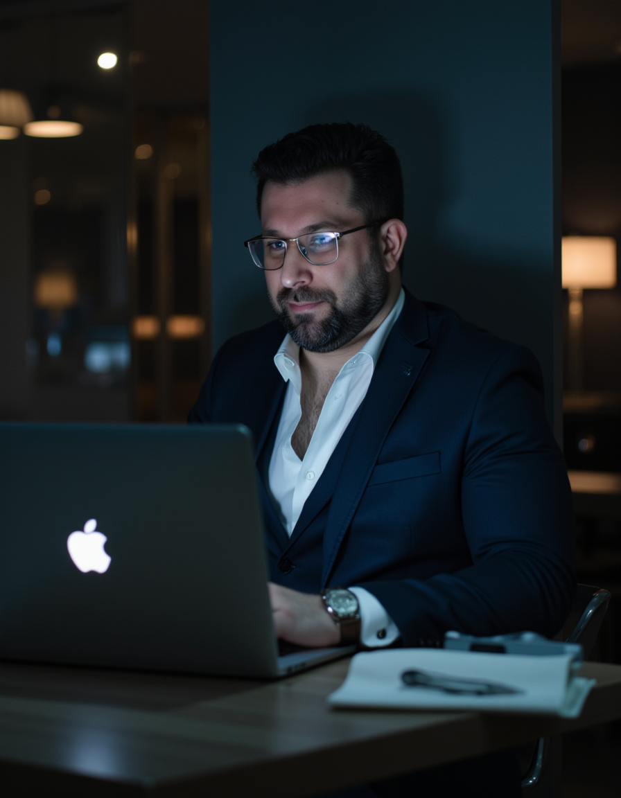 Luis Fernando concentrado construindo os assistentes no computador